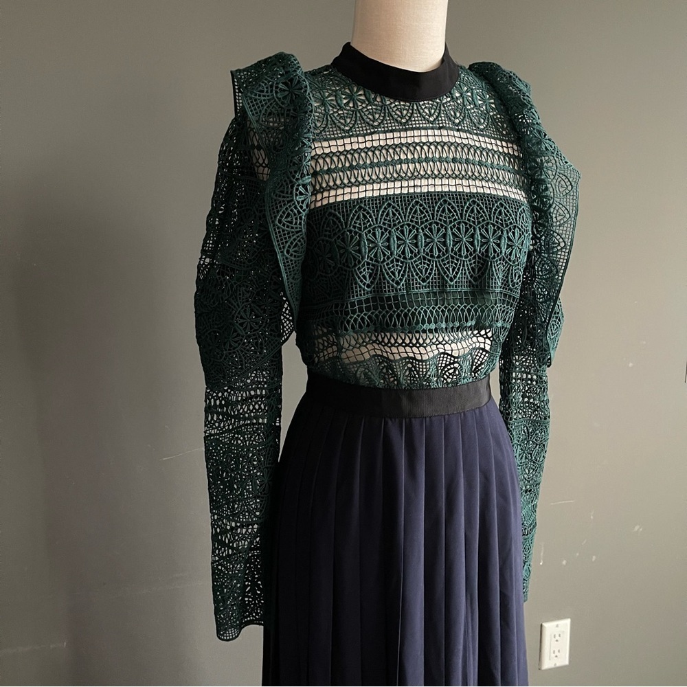 Self-Portrait Emerald Guipure Lace Maxi Dress Gown Sheer Victorian Cottagecore - Picture 2 of 8